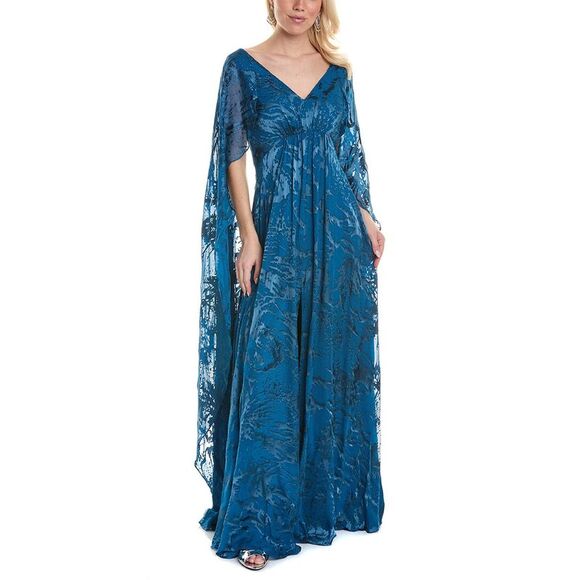 Rene Ruiz WomensBurnout Draped Cape Gown Blue